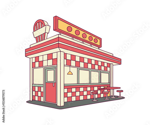 Isometric Vector Illustration of a Classic Diner Counter with Stools and Checkered Floor for Design Projects