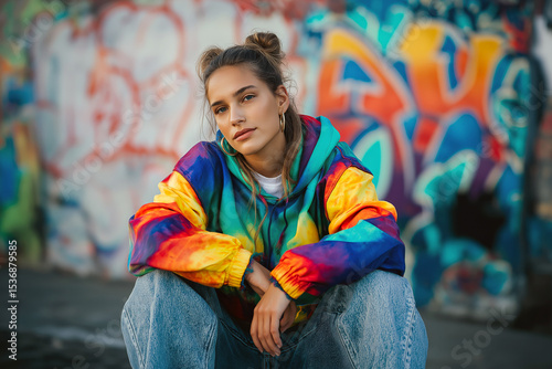 Wallpaper Mural Confident young woman in colorful baggy hoodie and flared jeans posing in front of a graffiti wall, urban setting. Torontodigital.ca