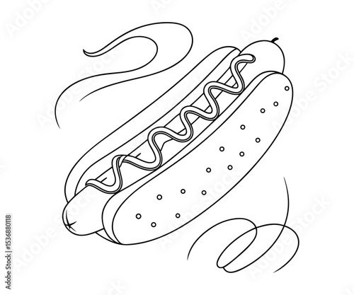 Line Art Hot Dog Illustration_Detailed Food Drawing_Outline Style_Fast Food Icon_American Cuisine_Isolated on White