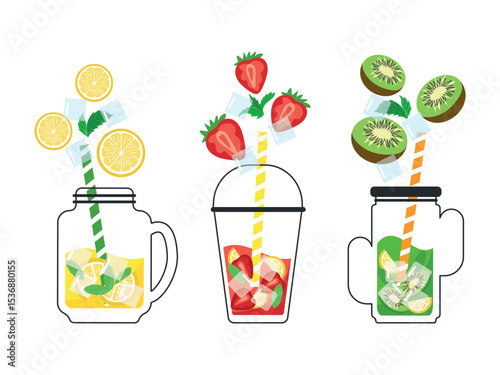 Cocktails or smoothies with juicy lime, strawberry, kiwi