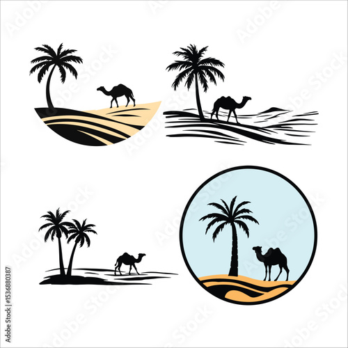 Desert Caravan Scenes – Representation of Nomadic Journey, Oasis Serenity, and Middle Eastern Landscape Vector Illustration