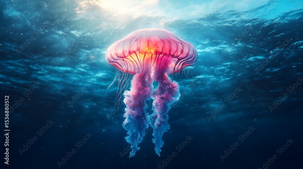 Obraz premium Jellyfish swarm glows softly in the dark ocean depths creating a mesmerizing underwater spectacle