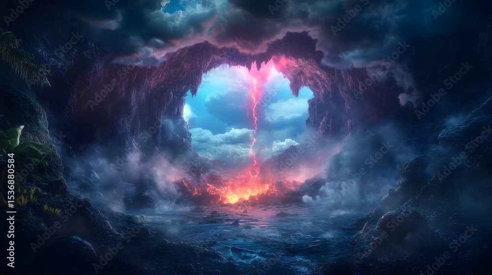 Fototapeta premium Glowing molten rock illuminates a lava tube cave with spectacular scenery in a volcanic landscape
