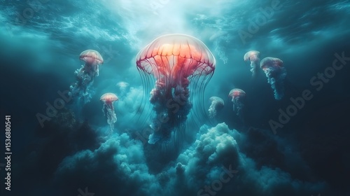 Swarm of glowing jellyfish captivatingly floats in dark waters at night, creating a mesmerizing underwater spectacle