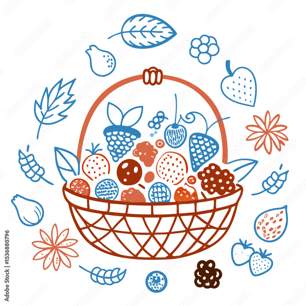  Una canasta estilizada llena de frutas y bayas, rodeada de elementos gráficos como hojas, flores y frutas en un diseño decorativo colorido.
