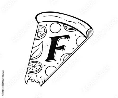 Monochrome Pizza Slice with Letter L and Toppings on White Background Vector Illustration