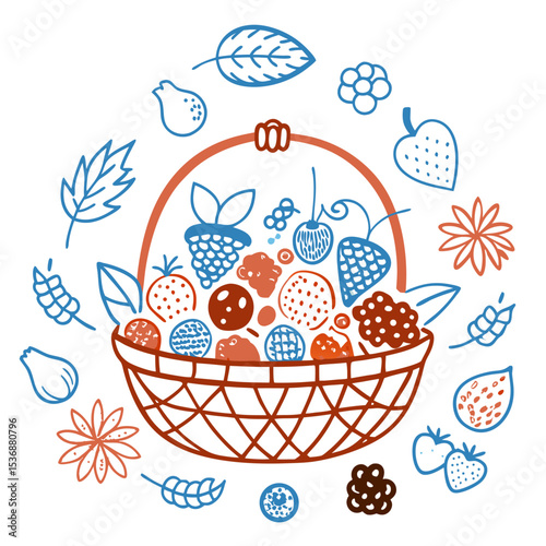  Una canasta estilizada llena de frutas y bayas, rodeada de elementos gráficos como hojas, flores y frutas en un diseño decorativo colorido.
