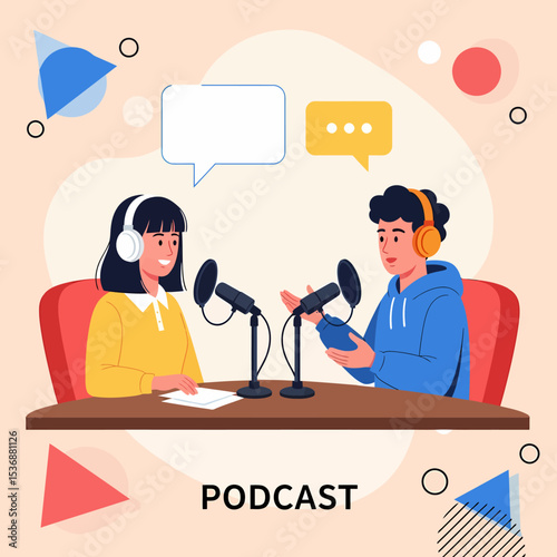 Podcast Recording Session with Microphone and Two Presenters