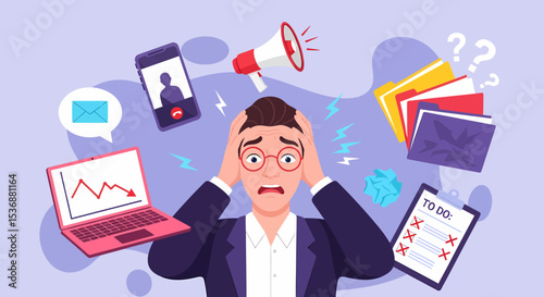 Stressed Businessman Overwhelmed by Workload and Multiple Demands