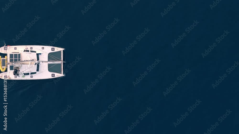 Catamaran avec passagers traversant la mer au coucher de soleil – vue drone verticale