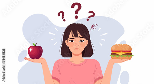 Woman Chooses Between Healthy Red Apple and Unhealthy Burger