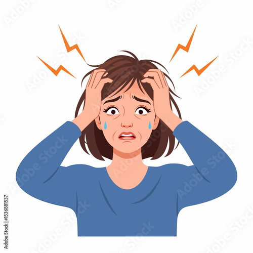 Stressed Woman Feeling Overwhelmed and Anxious with Severe Headache and Stress