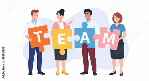 Diverse Team Building with Jigsaw Puzzle Pieces in Modern Office
