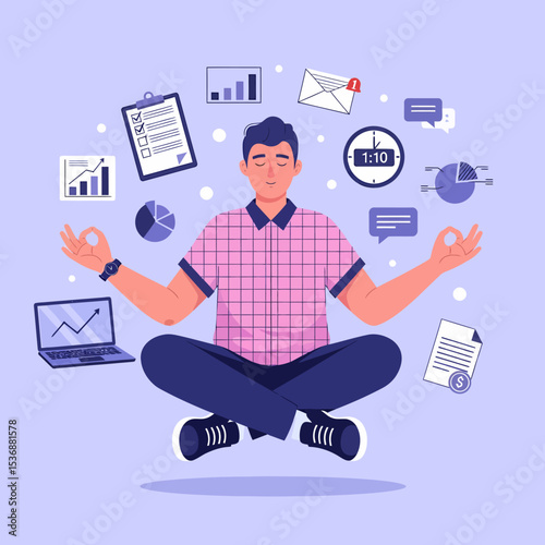 Man Meditating Amidst Business Charts Clock and Paperwork to Manage Stress