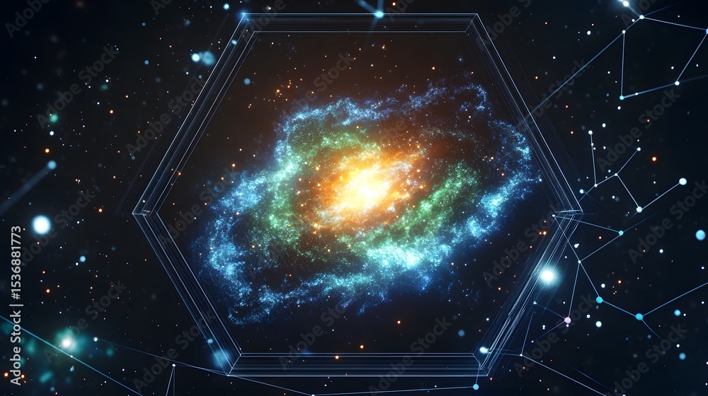 Obraz premium Vibrant Galaxy Nebula Cosmic Energy Hexagon Frame
