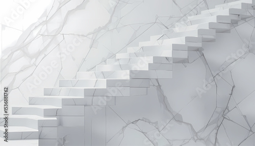 Ascending white stairs against a fractured marble wall
