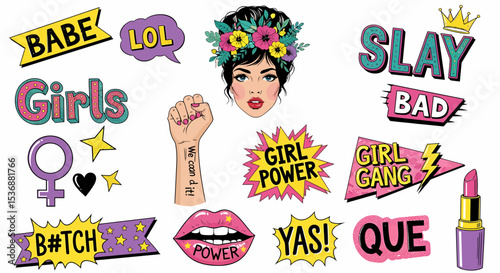 Feminist Women Power Stickers Bundle Set Illustrations on White