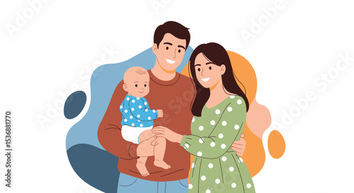 Happy Family Portrait Illustration With Mother Father and Their Baby
