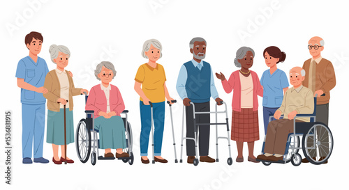 Group of Senior People with Caregiver and Walkers Illustration