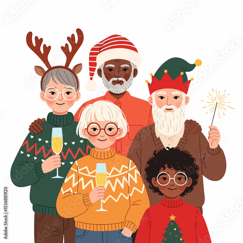 Festive Elderly Friends Celebrating Christmas Together with Drinks and Sparkler