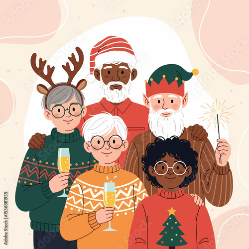 Diverse Friends Celebrating Christmas Together Sparklers Champagne Festive Sweaters
