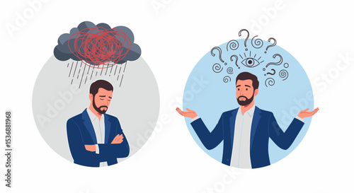 Man Experiencing Anxiety and Confusion Represented by Dark Cloud and Question Marks