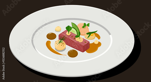 Gourmet Salmon Tartare with Decorative Garnishes on a White Plate