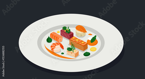 Gourmet Seafood Appetizer Plate: Salmon Tuna Shrimp Tartare Illustration