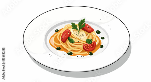 Delicious Spaghetti with Fresh Tomatoes and Basil on a White Plate