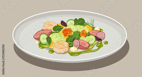 Gourmet Salad with Scallops Sausage and Fresh Green Vegetables