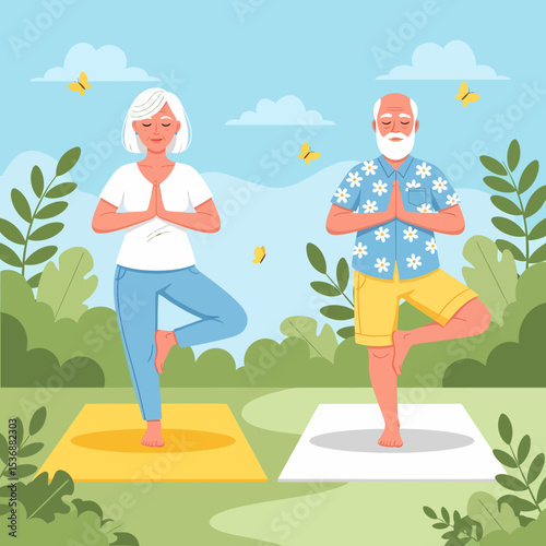 Elderly Couple Practicing Tree Pose Yoga Outdoors In A Green Park
