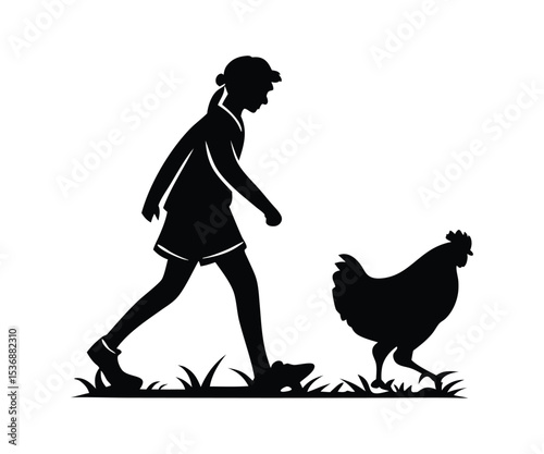 Silhouette Illustration of a Person Being Attacked by a Chicken in a Rural Setting with Grass and Foliage