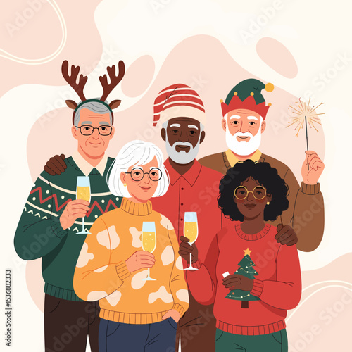 Festive Senior Gathering Cheerful Holiday Celebration with Sparklers