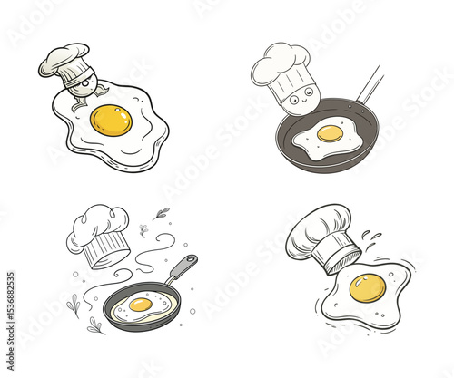 Sketch Style Fried Eggs with Chef Hats on White Background Vector Illustration for Culinary Concepts and Designs