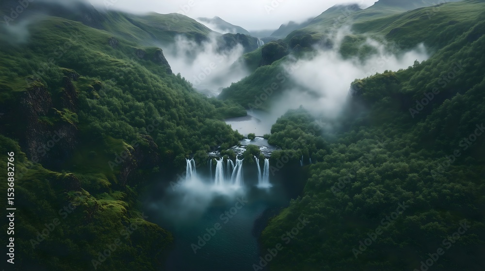 Fototapeta premium Misty waterfall cascades through lush greenery in Iceland's enchanting landscape during early morning hours
