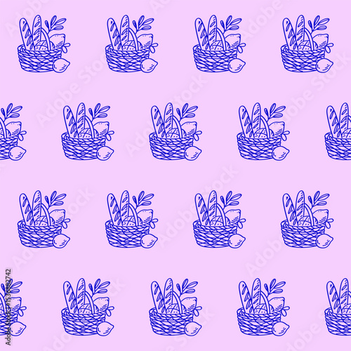 Seamless Mediterranean Food Textile Print Pattern. Travel Vacation Rest Theme. Summer Resort Fabric Swatch Doodle Line Hand Crafted Decoration. Simple Line Art Sketch Outline Drawing.