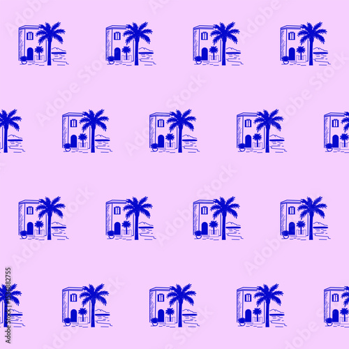 Seamless Palm Tree Textile Print Pattern. Mediterranean Atmosphere. Travel Vacation Rest Theme. Summer Resort Fabric Swatch Doodle Line Art Hand Crafted Decoration. Simple Sketch Outline Drawing.