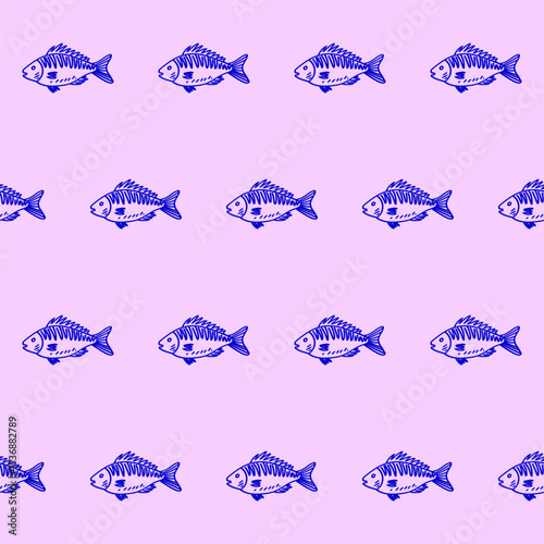 Seamless Mediterranean Fish Food Textile Print Pattern. Travel Vacation Rest Theme. Summer Resort Fabric Swatch Doodle Line Hand Crafted Decoration. Simple Line Art Sketch Outline Drawing.