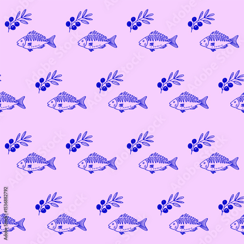 Seamless Mediterranean Fish Food Textile Print Pattern. Travel Vacation Rest Theme. Summer Resort Fabric Swatch Doodle Line Hand Crafted Decoration. Simple Line Art Sketch Outline Drawing.