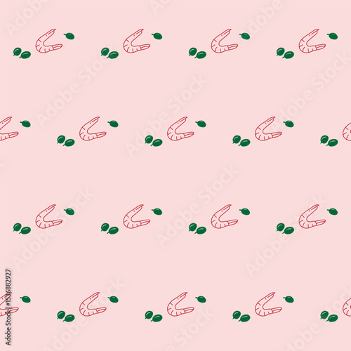 Seamless Mediterranean Shrimp Food Textile Print Pattern. Travel Vacation Rest Theme. Summer Resort Fabric Swatch Doodle Line Hand Crafted Decoration. Simple Line Art Sketch Outline Drawing.