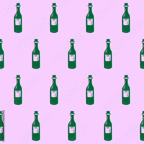 Seamless Wine Bottle Textile Print Pattern. Mediterranean Atmosphere. Travel Vacation Rest Theme. Summer Resort Fabric Swatch Doodle Line Art Hand Crafted Decoration. Simple Sketch Outline Drawing
