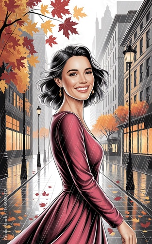 Autumn in the City: Woman in Red Dress, Fall Leaves, Urban Background AI generated