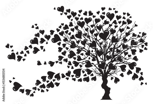 Illustration Arbre et Feuilles - Vent et Tempête avec Coeurs en Noir et Blanc - Vecteur