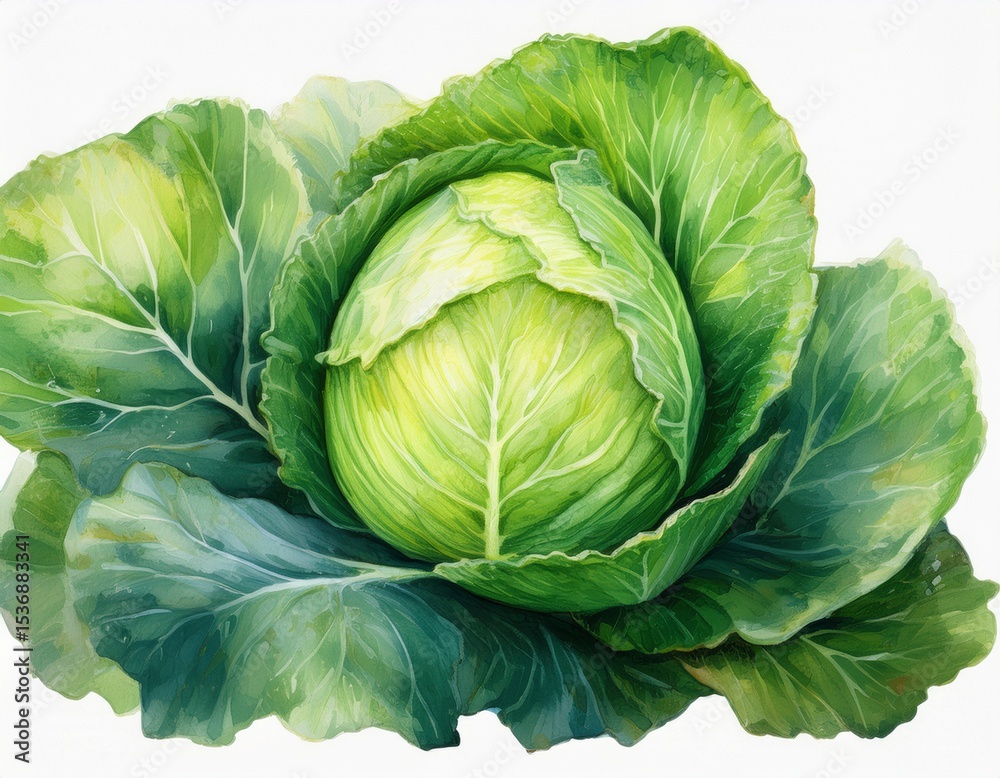 Fototapeta premium watercolor painting of fresh cabbage isolated on white backdrop tasty and healthy vegetable