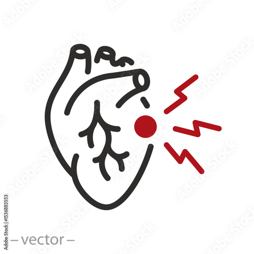 heart pain icon, heart attack, cardiac pains, myocardial infarction thin line symbol on white background - editable stroke vector illustration