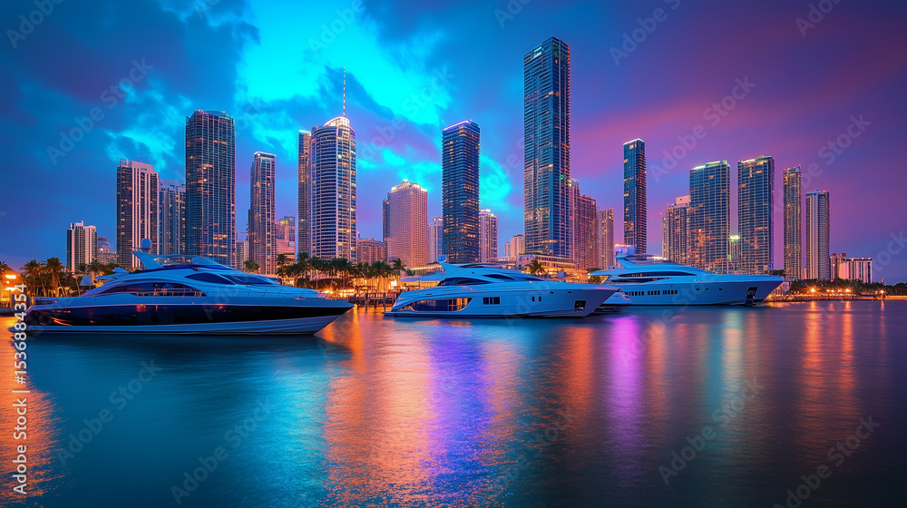 Fototapeta premium Urban Harbour Night Skyline with Skyscrapers and Neon Reflections