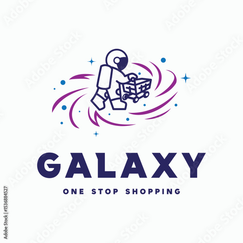 Logo design illustration with an astronaut push shopping cart entrance to galaxy for one stop shopping goods with some stars around photo