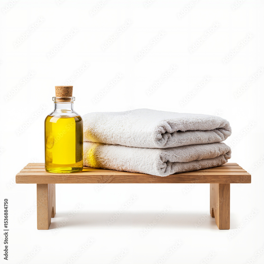 Soft towels stacked beside a bottle of olive oil on a wooden shelf Soft towels stacked beside a bottle of olive oil on a wooden shelf