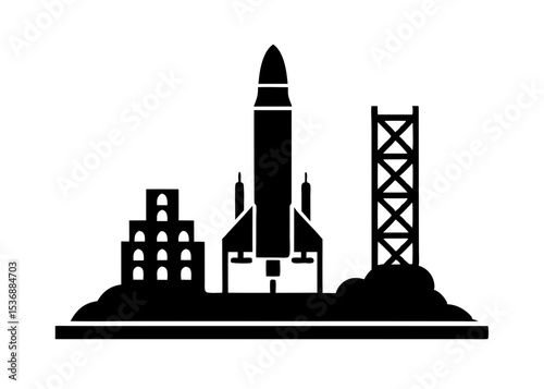 Space Rocket Launchpad A Black and White Illustration of a Rocket Preparing for Liftoff from a Launch Complex