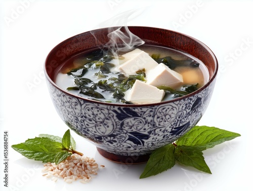 A bowl of miso soup with tofu and seaweed garnished with mint leaves and rice on white background